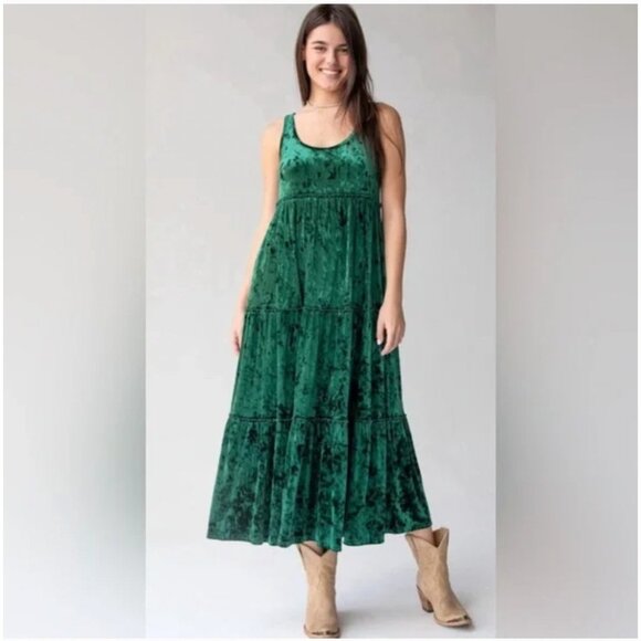 Natural Life Karlie Dress Womens Small Green Crushed Velvet Tiered Maxi Pockets - Picture 1 of 6